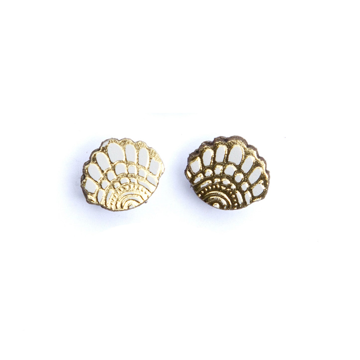 small seashell stud earrings, white leather