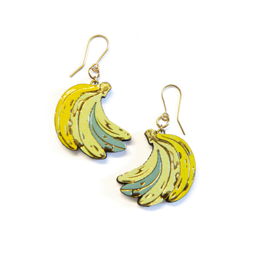 leather banana earrings, yellow & blue