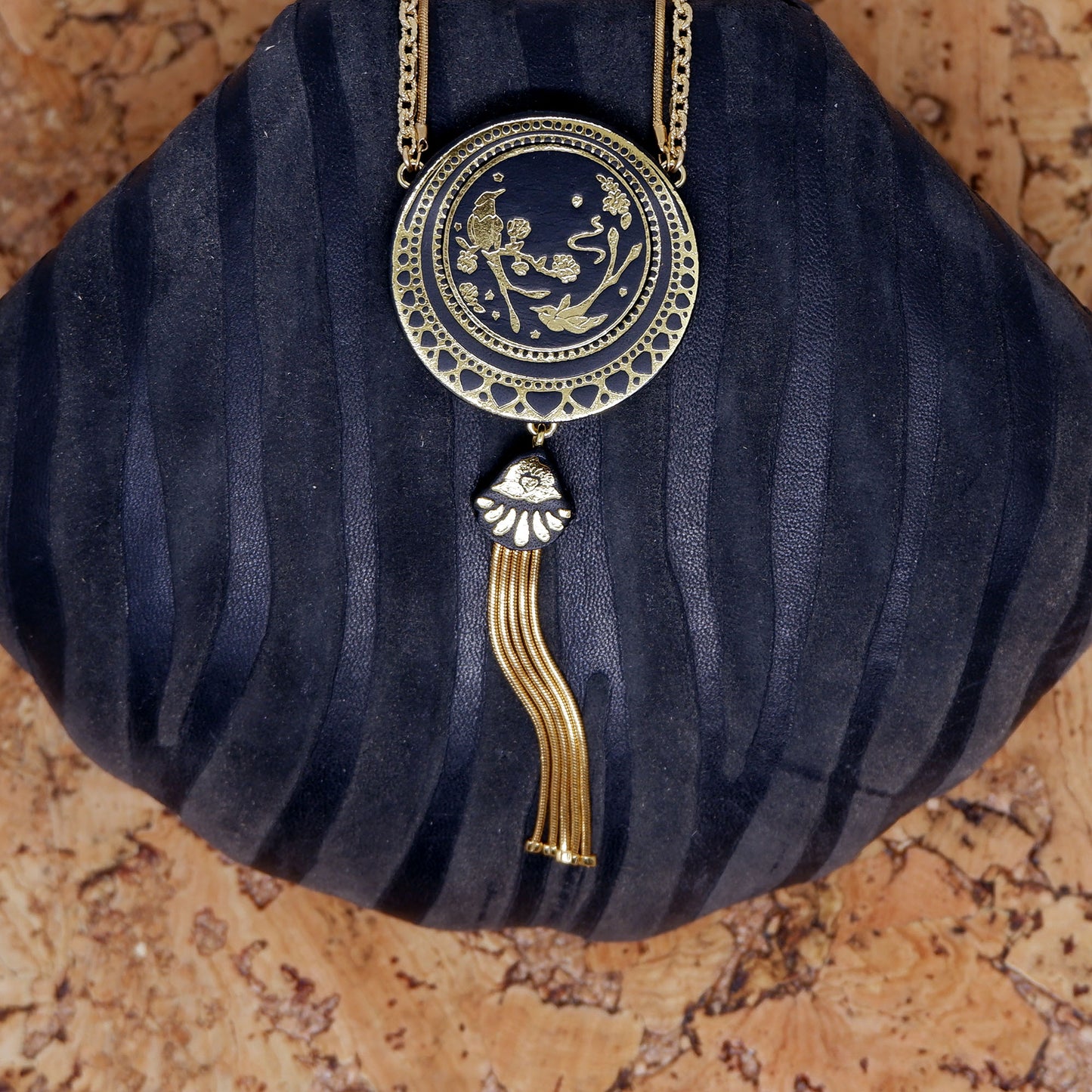 & gold leather tasselled medallion necklace