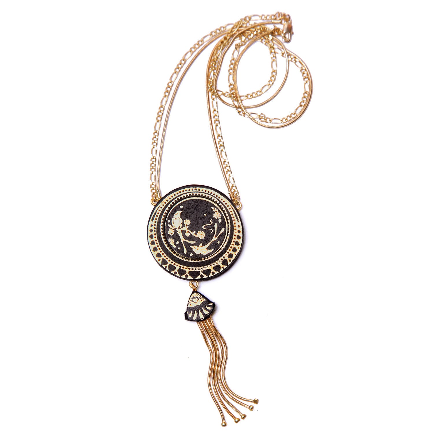 shiny gold leather medallion, tasselled necklace, chain tassel