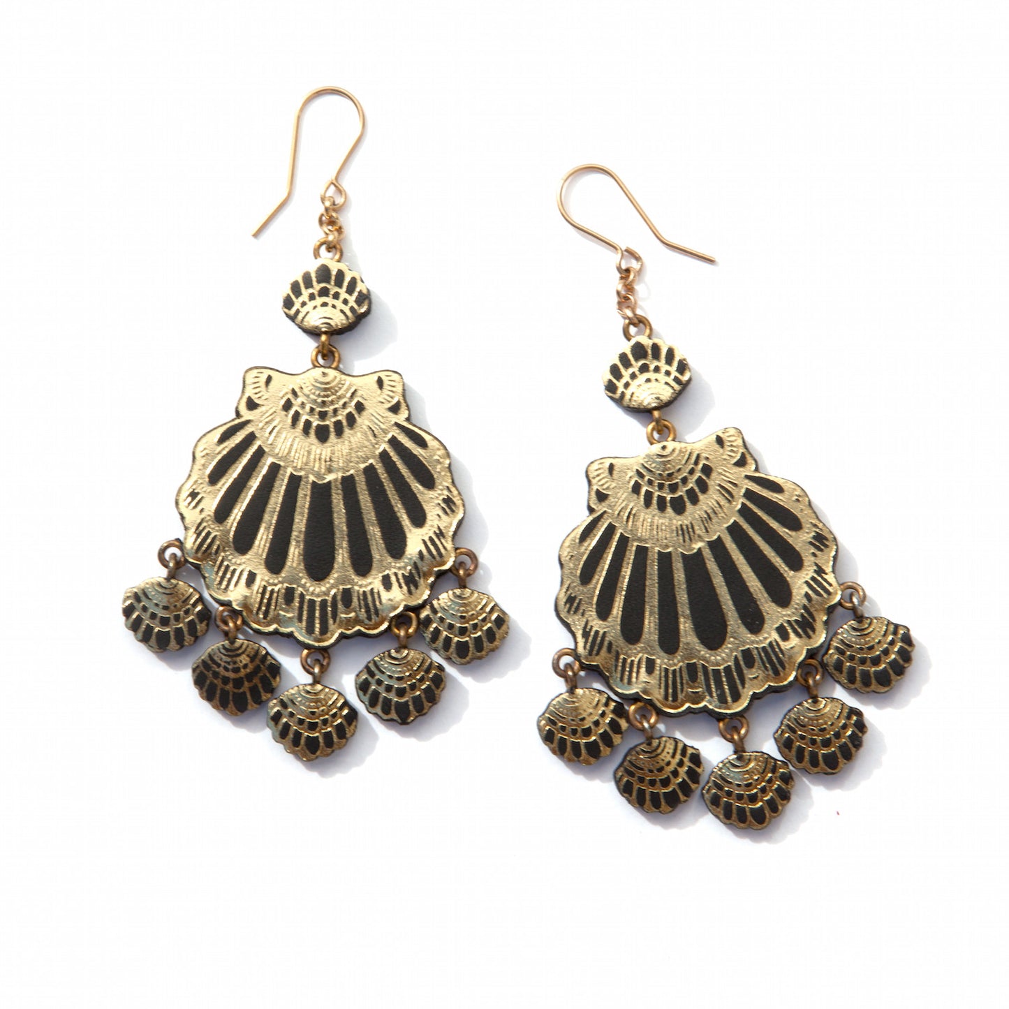 seashell chandelier earrings in black leather with gold printed detail.