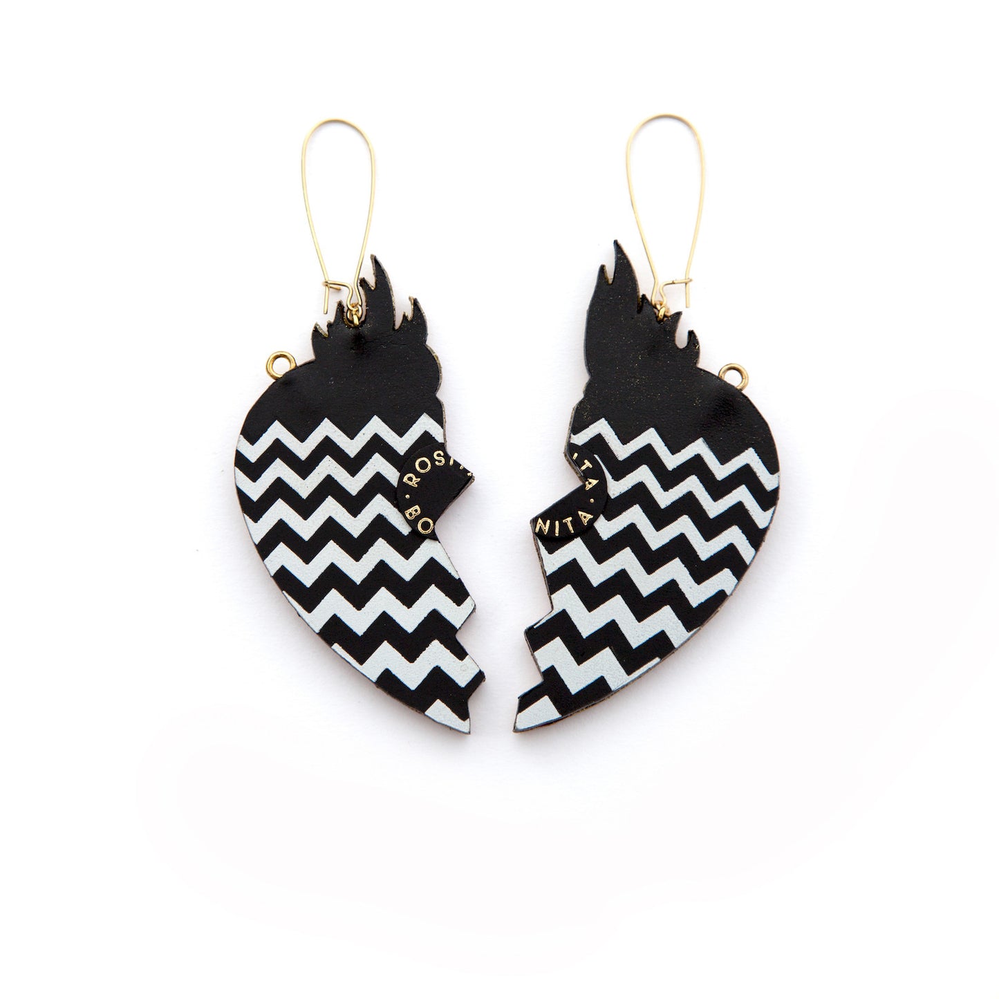 leather broken heart earrings, back view, black & white chevron stripe & rosita bonita logo badge