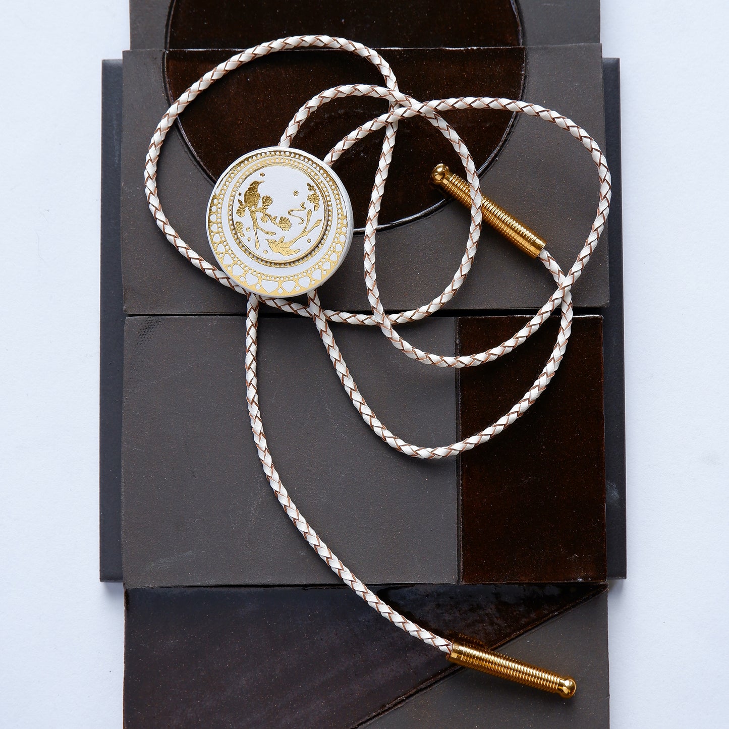 White Leather Medallion bolo tie