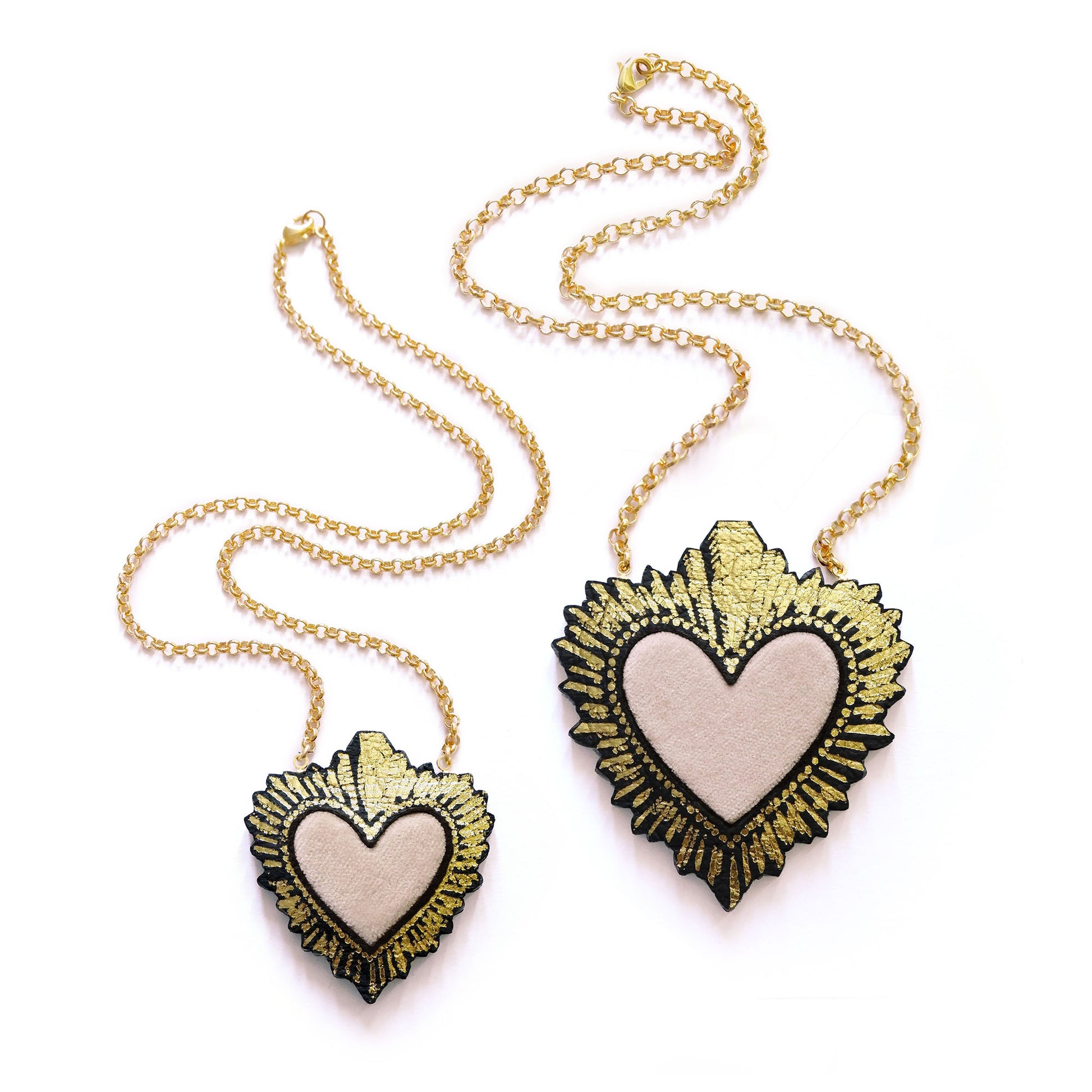 two sizes of ivory velvet sacred heart pendant necklace, on gold belcher chain