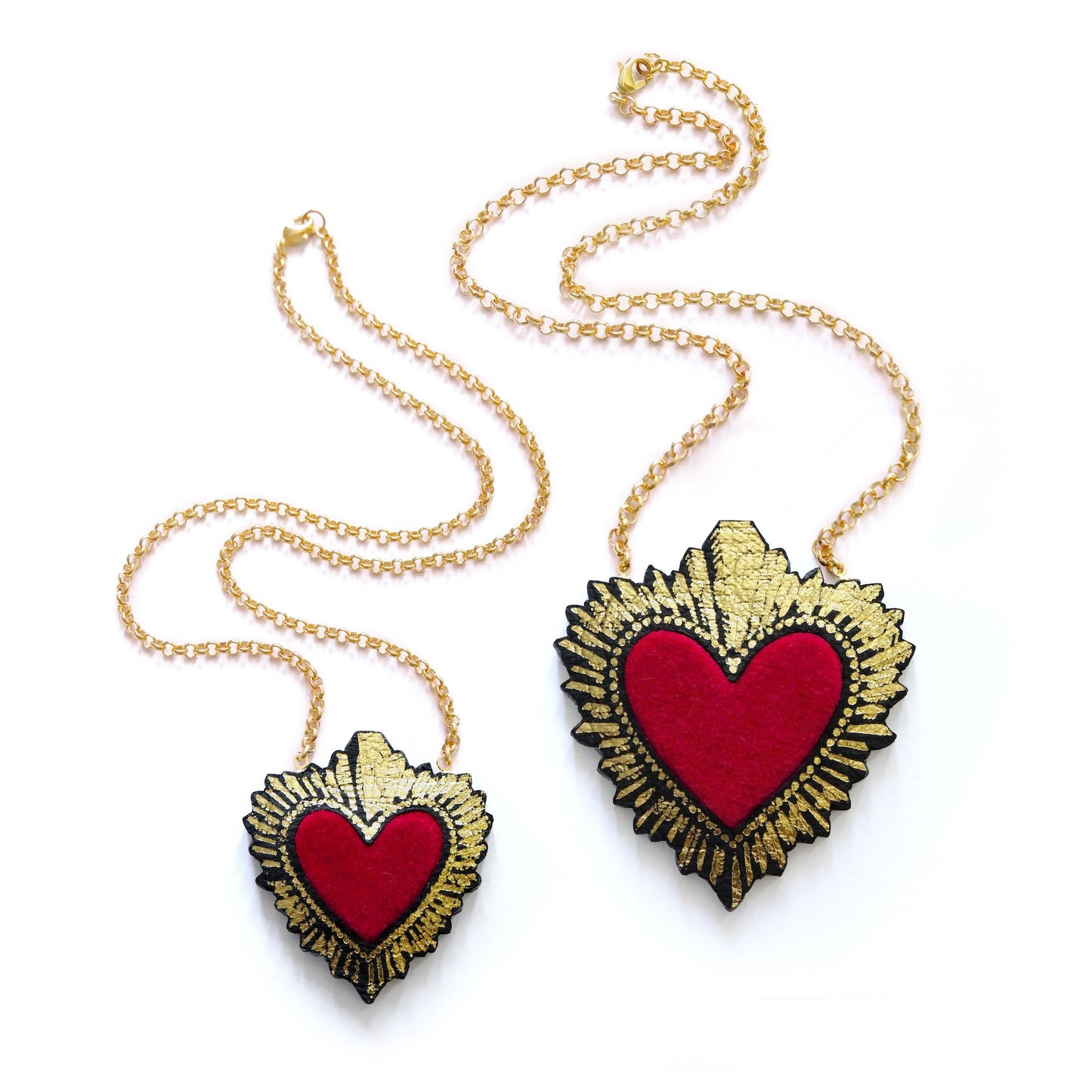 two sizes of red velvet sacred heart pendant necklace, on gold belcher chain