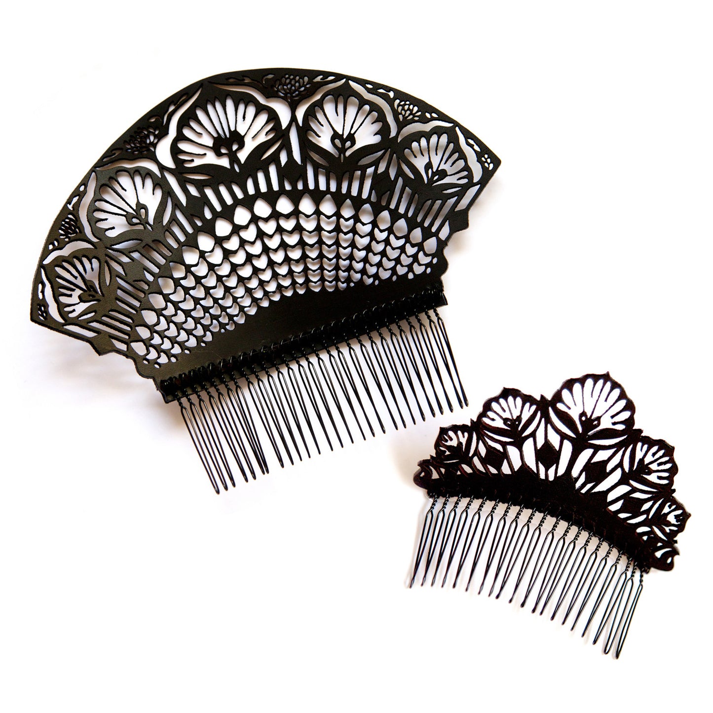 black laser-cut lace style leather hair combs