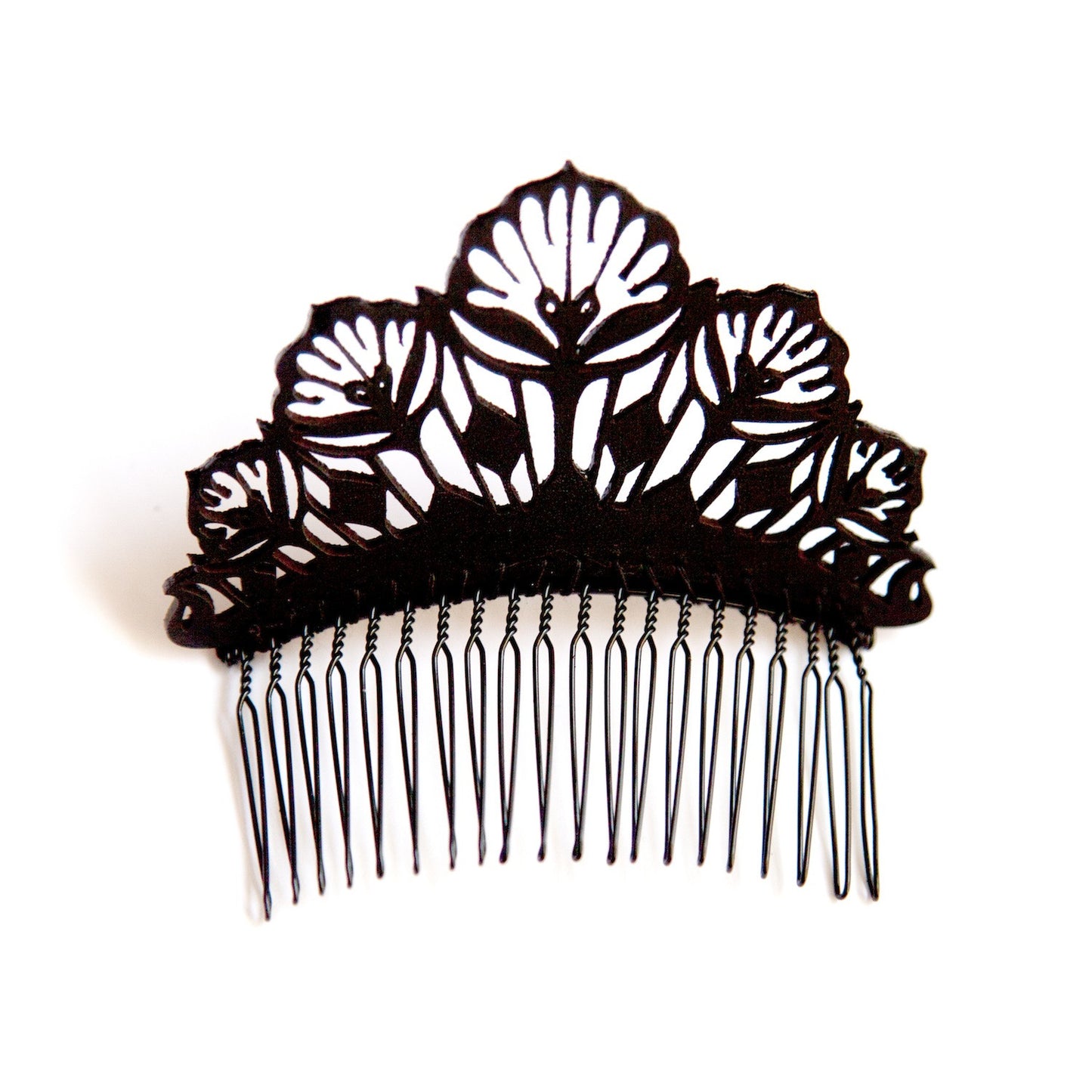 small black laser-cut lace style leather hair comb