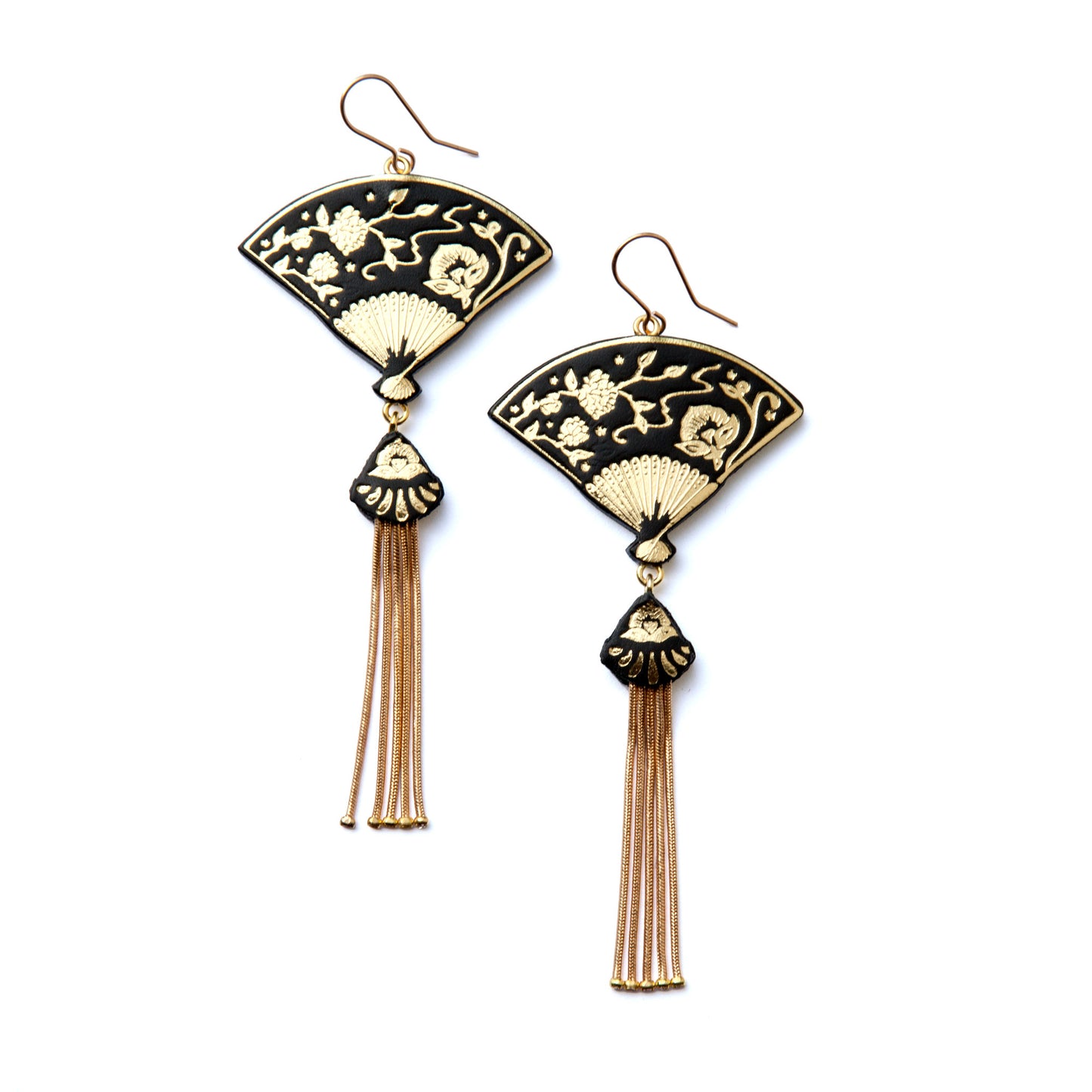 tasselled fan earrings in black & gold