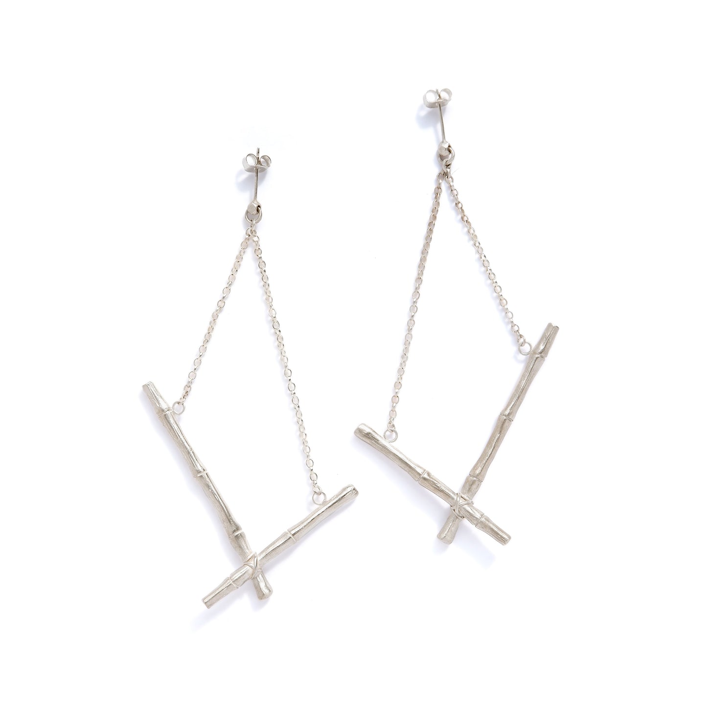 sterling silver bamboo cane cross bar drop earrings on fine chain