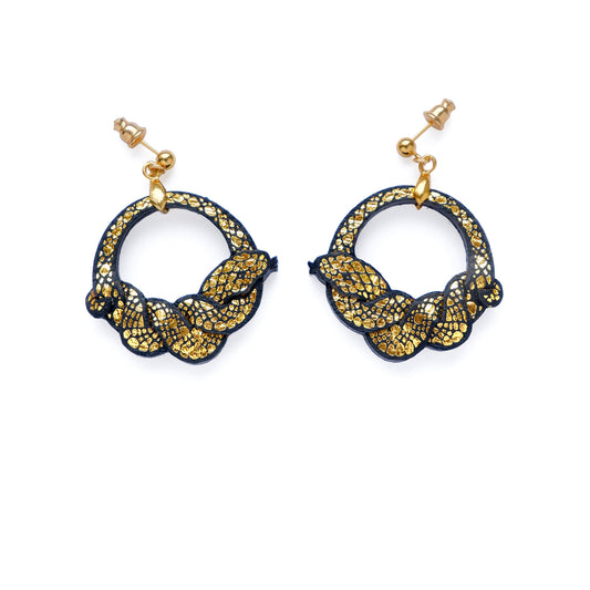 ouroboros snake hoop earrings in black & gold