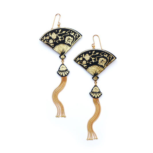 tasselled fan earrings in black & gold