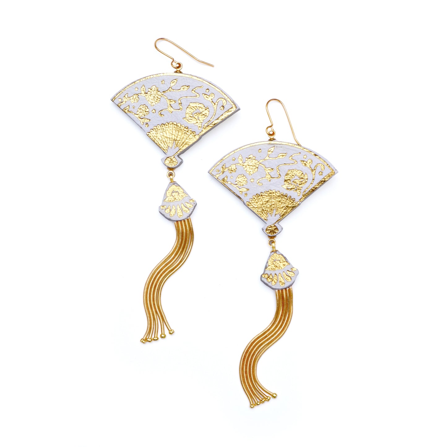 tasselled fan earrings in lilac & gold