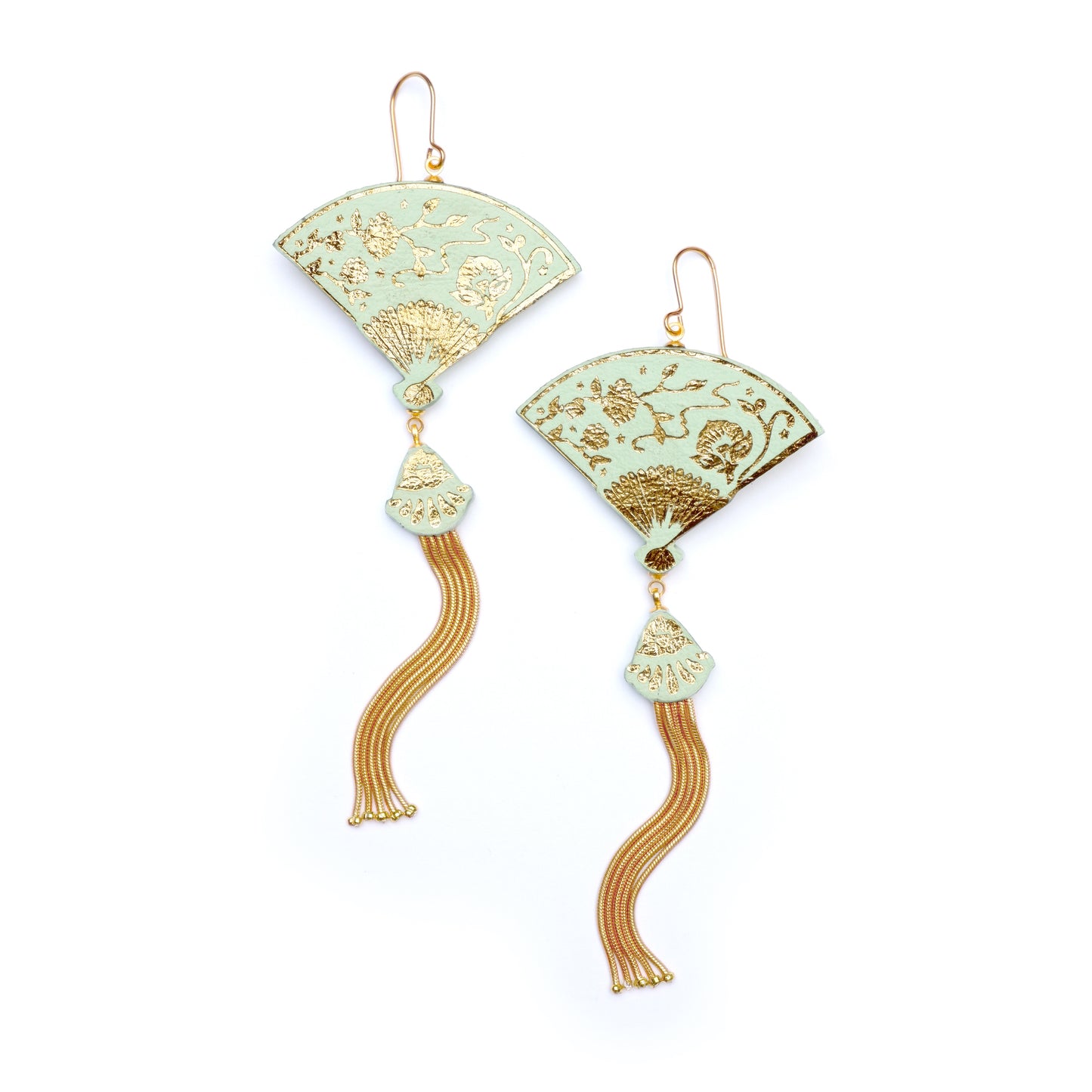 tasselled fan earrings in pastel pistachio & gold