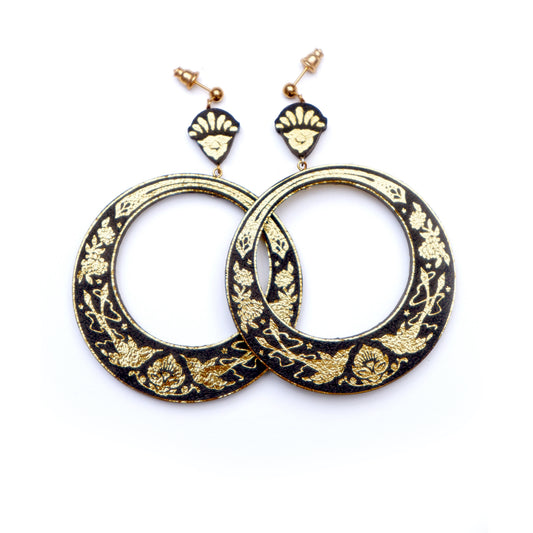 large hoops earring printed with birds & flowers in gold on black