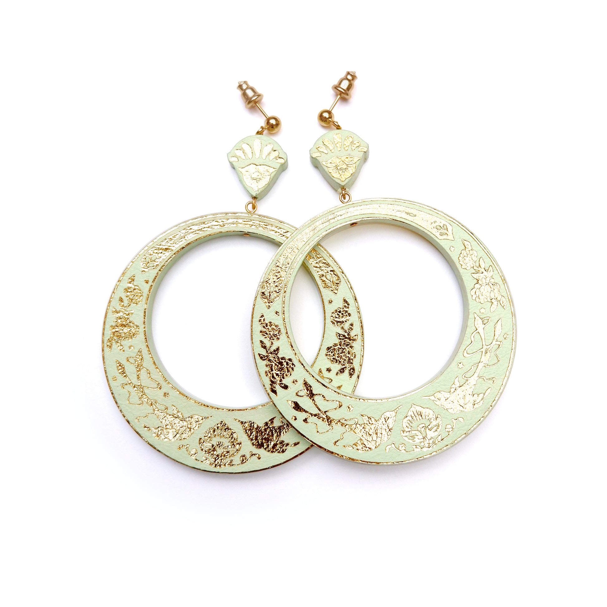 large hoops earring printed with birds & flowers in gold on pastel pistachio